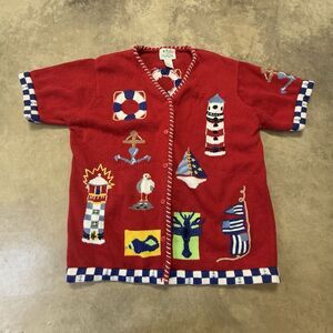 The Quacker Factory Sweater Womens Size Large Red Nautical Theme Cardigan